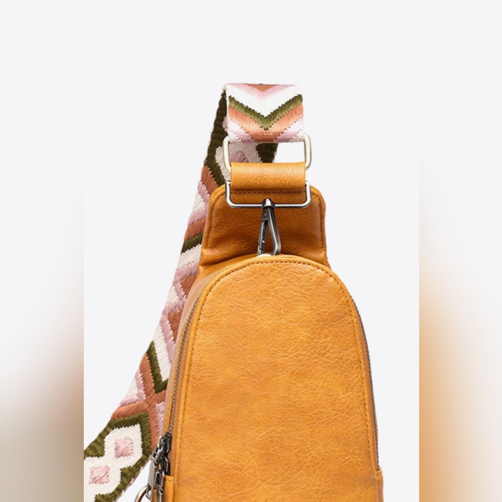 Stylish Tan Sling Bag with Patterned Strap